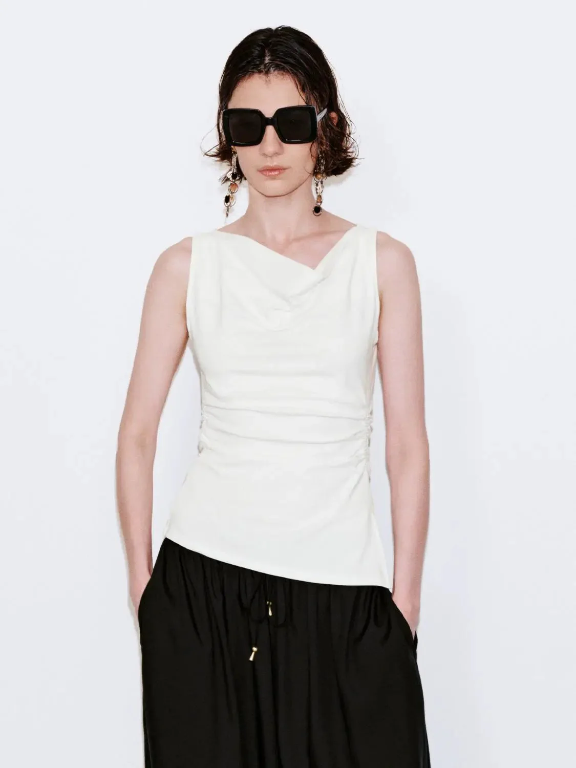 Cotton Lyocell Blend Cowl Neck Ruched Tank Top